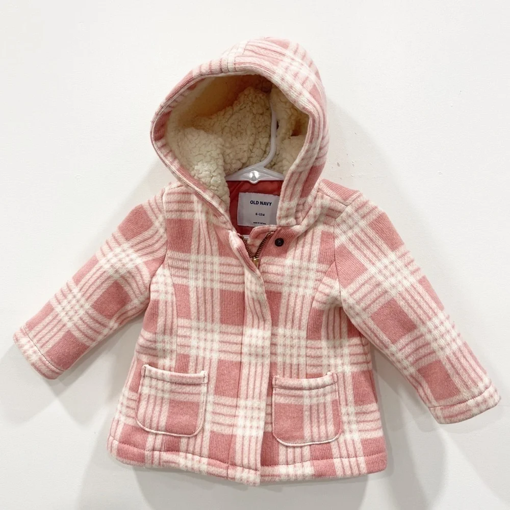 Old Navy Kids Pink Plaid Coat Sherpa Lined Hood 6-12 month